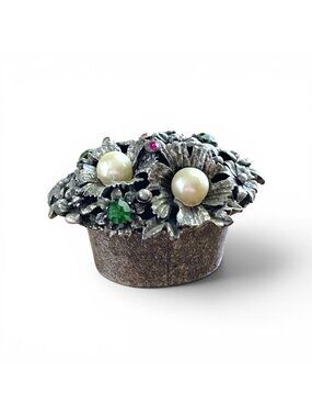 Vintage Florenza Trinket Box Silver Tone Floral Rhinestone Faux Pearl Ring Pill